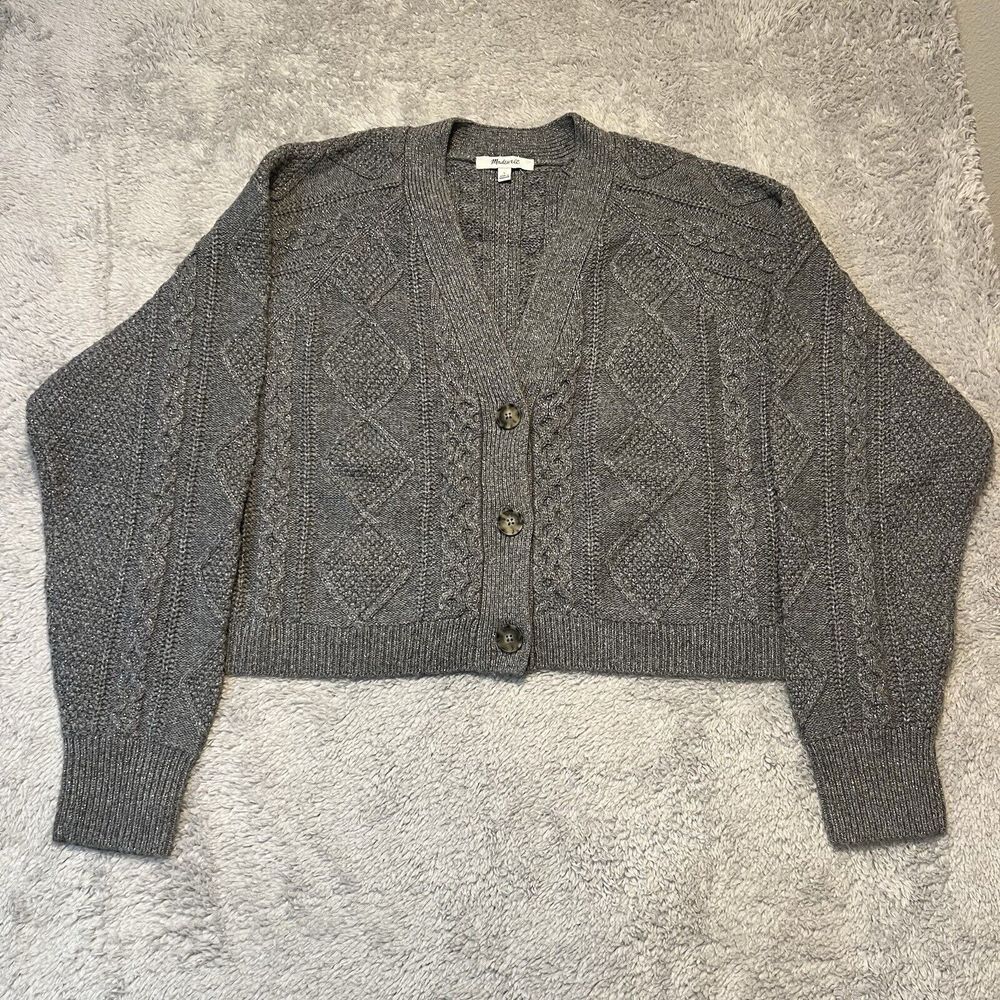 Madewell Shimmer Wool Gray Cable Knit Cardigan